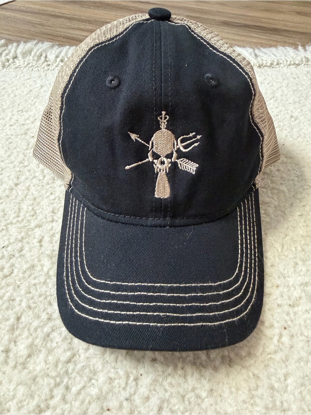 Black and Tan Trucker Hat with Embroidered Skull Design Scepter Arrow